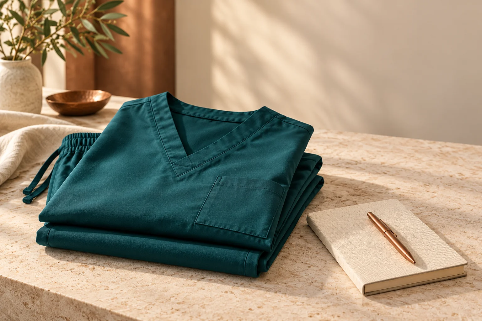 Illustrative folded teal medical scrubs beside a notebook on a light table